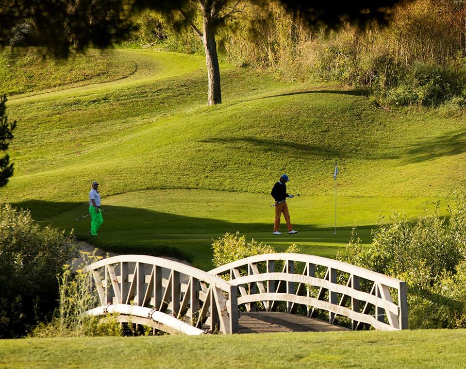 Golfers near the bridge