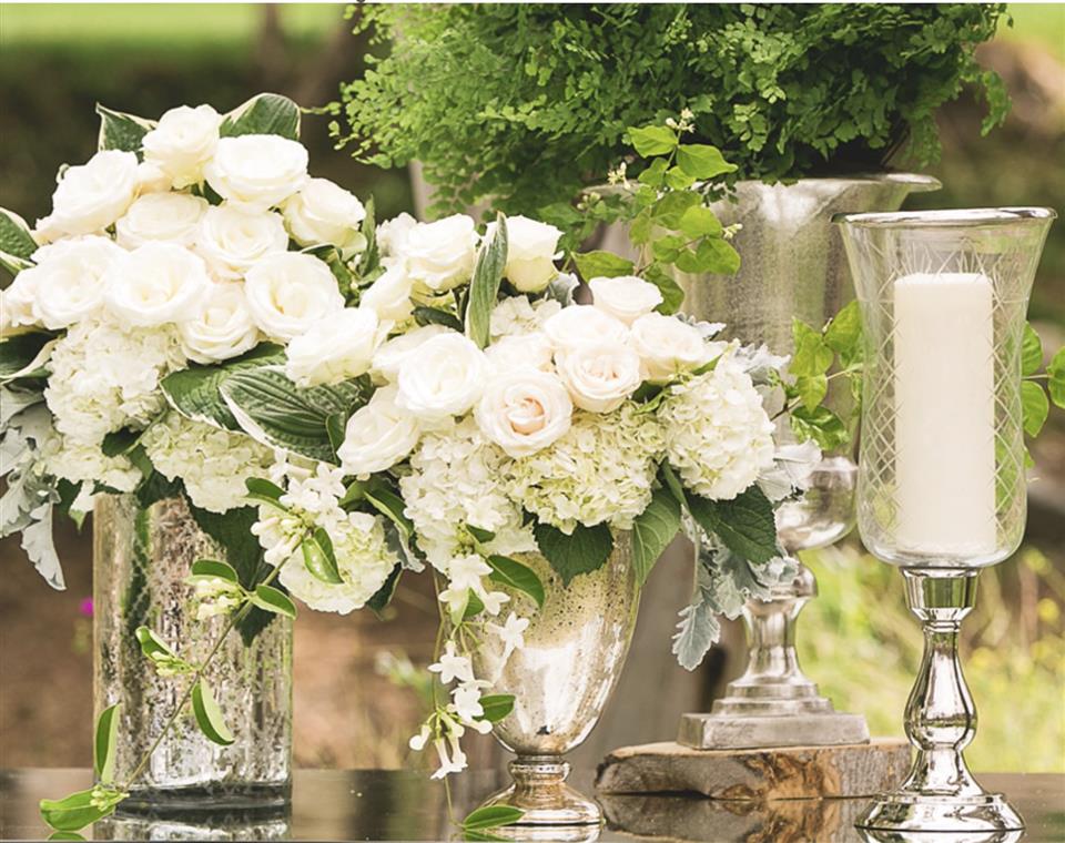 White Roses in Vase with Candle